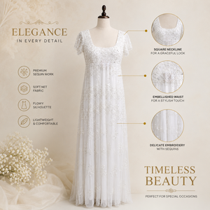 Elegant White Beaded Maxi Dress Women Scoop Neck Flutter Sleeve Embroidered Floor Length Gown Wedding Bridal Party Formal - Product Image 5