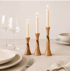 Minimalist Mid-Century Modern Wooden Taper Candle Holder Set Handcrafted Solid Wood Candlestick <b>Stand</b> For Formal Dining Table - Product Image 1