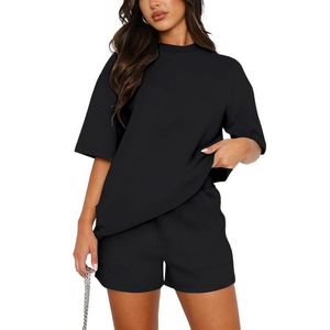 Ensemble de survêtement d'été en coton pour femme, t-shirt et short, couleur unie, manches courtes, streetwear respirant, col rond - Product Image 3