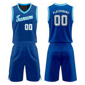 Ensemble de maillot de basket-ball bleu personnalisé, col en V, sans manches, sublimé, nom de l'équipe, numéro du joueur 00, polyester respirant, unisexe, adulte - Product Image 1