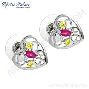 Amazing Lemon Quartz & Pink Glass <b>Silver</b> <b>Stud</b> Earrings - Product Image 1