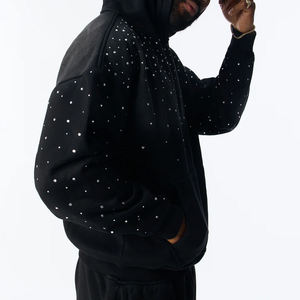 Survêtement à capuche noir pour homme avec strass, taille élastique et poches latérales, style décontracté, pantalon de survêtement long pour l'automne - Product Image 5