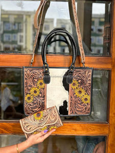 Western Real Hair on Hand Tooled cuero mujer girasol bolso de mano elegante tallado a mano cuero Floral vaquera cartera Combo Set - Product Image 4
