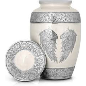 Urne funéraire élégante en forme d'ailes d'ange pour cendres humaines adultes, finition blanc nacré et or, urne commémorative en métal, récipient de souvenir. - Product Image 4