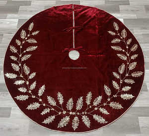 <b>Red</b> Embroidered Christmas Tree Skirt with Gold Vine Pattern and <b>Sequin</b> Trim Durable Holiday Decor Base Cover - Product Image 3