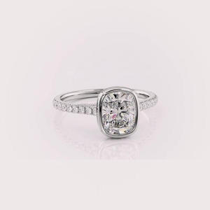 Anillo de compromiso con diamante cultivado en laboratorio de corte cojín y engaste biselado en oro blanco de 14K, con halo oculto, anillo de promesa y boda para mujer - Product Image 2