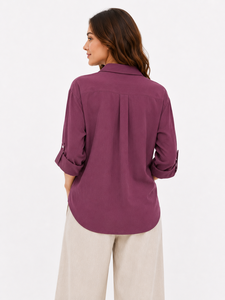 Camisa de mujer extragrande con botones, logotipo personalizado, corte holgado, informal, manga tres cuartos enrollable, cuello vuelto de algodón - Product Image 2
