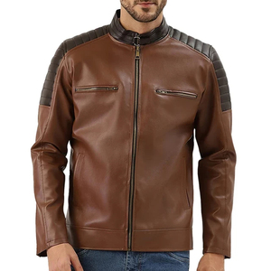 Chaqueta Casual de Motociclista para Hombre, de Cuero PU Marrón y Lona, con Cuello Alto, Cierre de Cremallera, Color Sólido, Manga Regular, Impermeable para Invierno - Product Image 3