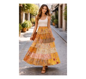 New Saree Silk Bohemian Patchwork Layer Skirt for Women Free Size Long Maxi Ankle-Length Pleated Breathable All Seasons In-Stock - Product Image 1
