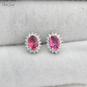 Pendientes listos para enviar, turmalina rosa natural de corte ovalado de 6x4 mm y halo de diamantes G-H con oro blanco puro de 14k. - Product Image 4
