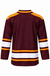 Maillot de hockey sur glace personnalisé sublimé, bordeaux, avec bordure dorée, rayures blanches, écusson, uniforme d'équipe, épais et respirant - Product Image 3