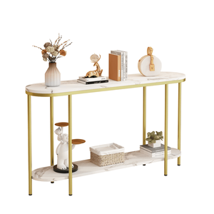 Consolle Moderna a 2 Livelli per Ingresso, Top in Finto Marmo Bianco con Struttura in Metallo Dorato, 107 cm x 29 cm, Ripiano Aperto per Ingressi di Hotel - Product Image 1
