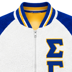 เสื้อโค้ทบอมเบอร์แบบกลับด้านได้สำหรับผู้หญิง Custom Sigma Gamma Rho ผ้าเชอร์ปา อุ่นสบาย ขนฟูสองด้าน เสื้อคลุมสำหรับชมรมนักศึกษากรีก รับผลิตแบบ OEM ODM - Product Image 3