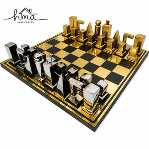 Black And Gold Brass <b>Chess</b> Set With Geometric Sculpted Pieces Glossy Checkered Square Board Luxury <b>Table</b> Decor Game - Product Image 1