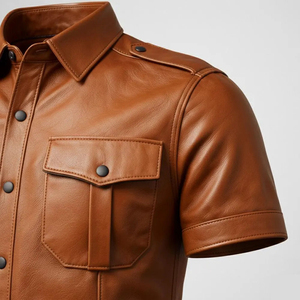 Men's PU Leather Front Logo Button Shirt Premium Short Sleeve Casual <b>Western</b> Biker Breathable Quick Dry Winter Shirt <b>Jacket</b> - Product Image 3