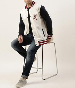 <b>Men's</b> PU Varsity <b>Jacket</b> <b>White</b> Body Navy Sleeves Embroidered Number 5 Button Closure Preppy Style Windproof Autumn OEM Service - Product Image 4