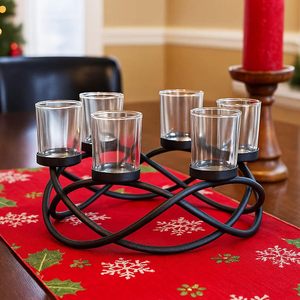 Modern Black Metal 5 Light Candle <b>Holder</b> <b>Stand</b> with Clear <b>Glass</b> Hurricane Votive Cups Decorative Farmhouse Table Centerpiece - Product Image 4