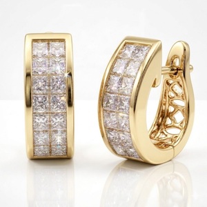 Luxury 18k <b>Solid</b> Yellow <b>Gold</b> <b>Huggie</b> Earrings Double Row Princess Cut Natural Diamond Hoop Invisible Setting Fine Jewelry Factory - Product Image 1