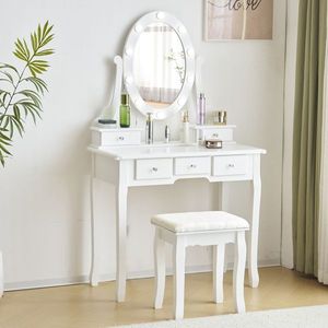 FCH 3-Color Dimmable Lighted Mirror Vanity Set White Makeup Dressing Table with Power Outlet and Cushioned Stool Drawers - Product Image 4