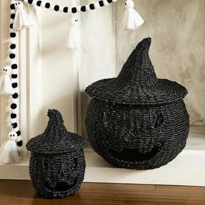Cesta Decorativa de Halloween Hecha a Mano con Forma de Calabaza de Hierba Marina, Bolsa para Dulces con Sombrero de Bruja, Impresión Personalizada, Decoración para Interiores del Hogar - Product Image 4