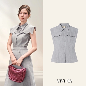 Blusa Elegante Gris para Mujer, Cuello Marinero, Corte Entallado, Sin Mangas, Estilo Oficina Chic, Poliéster y Spandex, MELA, ODM OEM - Product Image 1