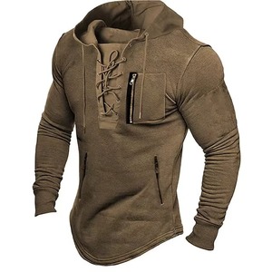 Sweat à capuche mi-long pour homme, style streetwear, avec lacets, cordon de serrage, couleur unie, manches longues, poches zippées, 100% coton, hiver - Product Image 4