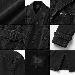 Manteau trench en jean noir délavé surdimensionné style gothique pour homme, long, croisé, avec ceinture, style grunge streetwear - Product Image 4