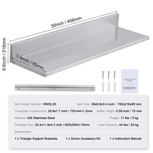 8.6\" X 30\" Commercial <b>Wall</b> <b>Mounted</b> Stainless Steel Floating <b>Shelves</b> 44 Lbs Load Capacity Heavy Duty Backsplash 44 Lbs Load - Product Image 4