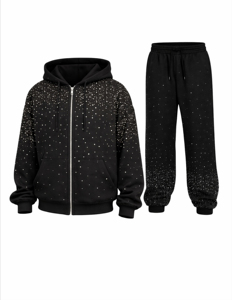 Ensemble de survêtement pour homme, imprimé à pois noirs, sweat-shirt à capuche avec fermeture éclair et pantalon de survêtement long, tenue décontractée, survêtement en strass pour adultes - Product Image 1