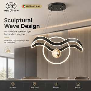 Modern Wave LED Pendant <b>Light</b> Black Metal Acrylic 105W Three Color Temperatures For <b>Dining</b> And Living Room Interiors - Product Image 2