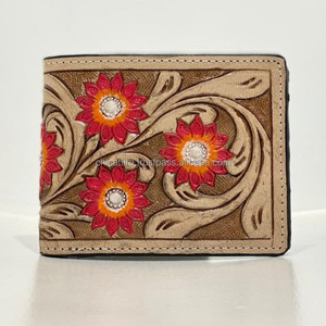 Portefeuille porte-billets personnalisé en cuir véritable fabriqué à la main portefeuille pour hommes à deux volets en cuir véritable portefeuille à motif floral occidental cousu à la main - Product Image 4