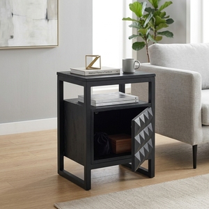 Dice Side Table Black Modern Wooden Storage <b>Drawer</b> Cabinet Organizer Featuring Geometric Diamond Pattern Carved Facade Metal Bas - Product Image 5