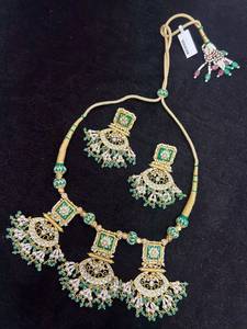 TISHYA DIAMOND Ethnic Gold Plated Ruby Imitation <b>Pearl</b> Necklace Earring <b>Set</b> Green Enamel Flower Design for Women Wedding <b>Jewelry</b> - Product Image 3