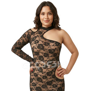 Minivestido de encaje floral con un solo hombro para mujer, vestido ajustado de malla con corte asimétrico |   Ropa de calle para discoteca al por mayor - Product Image 6