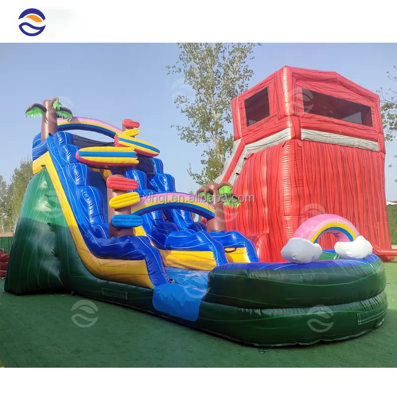 2023 Hot Sale Tropical Theme Strand Kinder Party Bounce House Aufblasbare Wasser rutsche mit Pool für Hinterhof