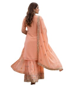 Salwar Kameez brodé pêche pour femme, robe traditionnelle de mariage et de fête, style indien pakistanais, ensemble Sharara Gharara, coupe classique - Product Image 2