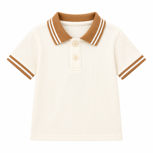 Kids Boys <b>Cream</b> Ribbed Knitted Polo Shirt Oversized Contrast Brown Stripe Collar Short Sleeve Casual Cotton Summer Fashion Top - Product Image 3