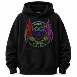 Sudadera con capucha extragrande con gráfico de calavera neón para hombre, estilo gótico con alas de calavera, sudadera con capucha prémium de peso pesado, ropa urbana, sudadera con capucha bordada - Product Image 1
