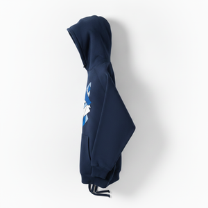 Sudadera con Capucha Oversize para Hombre, Estampado Geométrico de Lobo, Azul Marino Sólido, Estilo Urbano, Tejido Grueso, Corte Holgado, 100% Algodón - Product Image 2