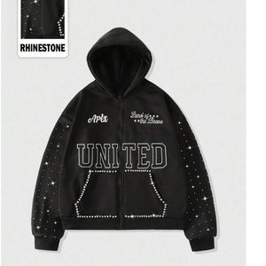 เสื้อฮู้ดซิปประดับเพชรแบบกำหนดเองสำหรับผู้ชาย สไตล์ Y2K โอเวอร์ไซส์ วินเทจ สตรีทแวร์ ผ้าฟลีซหนานุ่ม เสื้อแจ็คเก็ตกราฟิกแบบซิปเต็มตัว ชุดวอร์ม - Product Image 1