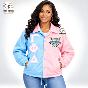 Chaqueta Universitaria Gamma Phi Delta Lista para Enviar, Impermeable, Ecológica, Ligera, Rosa y Azul, con Letras Bordadas - Product Image 1