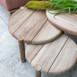Mesas de Jardín Redondas Modernas al por Mayor, Juego de Tres, Madera de Teca Duradera, Acabado Liso - Product Image 2
