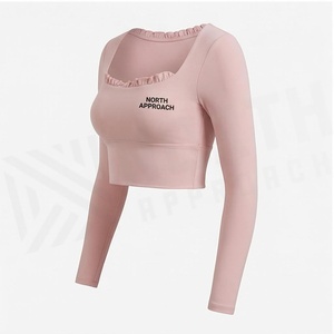 North Approach <b>Pink</b> Square Neck Long Sleeve <b>Crop</b> <b>Top</b> With Ruffles Front Logo Yoga Wear - Product Image 3