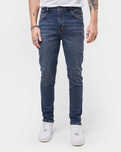 Mens Slim Fit <b>Jeans</b> Dark Blue Denim Stretch Mid <b>Waist</b> Clean Look Tapered Leg Smart Casual Versatile Mens Fashion <b>Jean</b> - Product Image 2