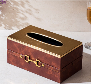 Luxury Brown Leather Tissue <b>Box</b> <b>with</b> Gold Metal <b>Lid</b> <b>Decorative</b> Rectangle Napkin Holder <b>with</b> Horsebit Buckle for Home Hotel - Product Image 3