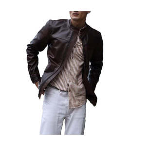 Men's Classic <b>Brown</b> Caf Racer <b>Leather</b> <b>Jacket</b> with Mandarin Collar - Product Image 3