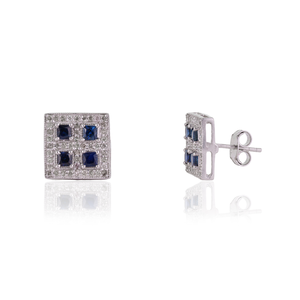 Handmade Solid 925 Sterling Silver Princess Cut Natural Blue Sapphire & Diamonds Accent Square Shape <b>Stud</b> <b>Earrings</b> - Product Image 3