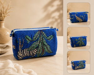 Blue Quilted Cosmetic Bag Set: Zebra, Leopard, Palm Prints, Multi-Sized Zipper Pouches for <b>Makeup</b>, Travel, and Toiletries - Product Image 3