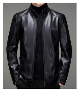 Veste en cuir marron pour homme, col montant, fermeture éclair, style motard, coupe ajustée, pour l'automne, couleur unie, manches classiques - Product Image 3