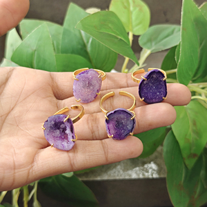 Natural 18k Gold Plated Purple Druzy Agate <b>Adjustable</b> Fashion <b>Ring</b> Raw Organic Gemstone Statement Wholesale Women's Accessories - Product Image 3